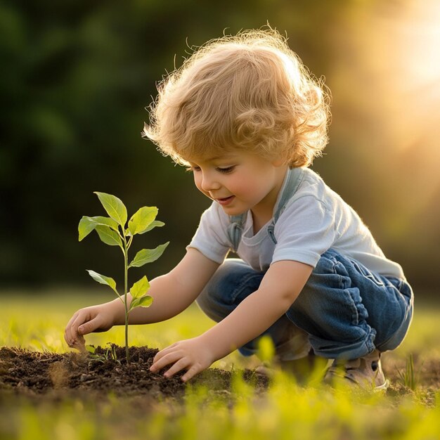 A child excitedly planting a sapling in the garden