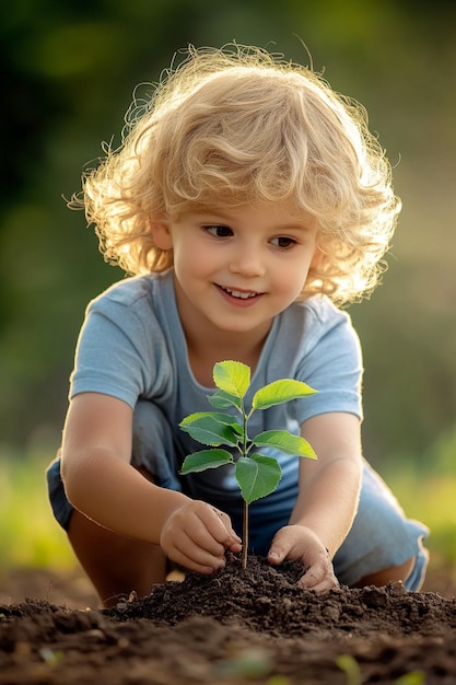 A child excitedly planting a sapling in the garden