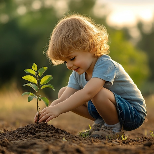 Photo a child excitedly planting a sapling in the garden