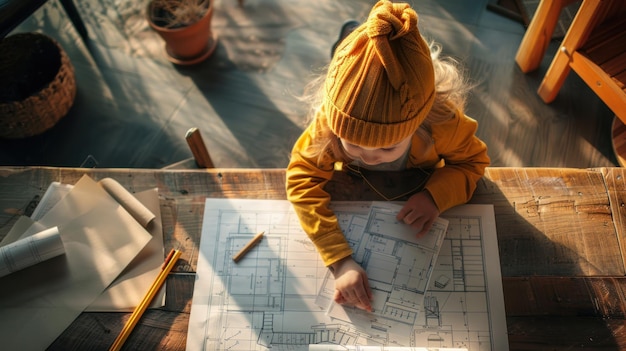 Child Exploring Architectural Blueprints at Home A young child in a yellow beanie is intently examining architectural blueprints spread out on a wooden table illuminated by sunlight