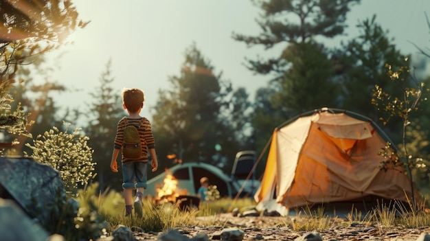 A child exploring around a campsite tent and campfire in the background