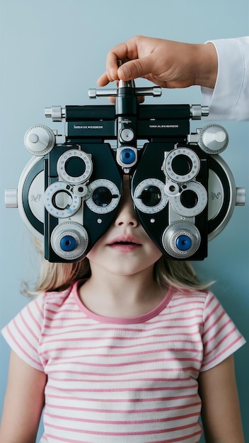 Child eye test and eye exam little girl having eye check up with phoropter eye test for children