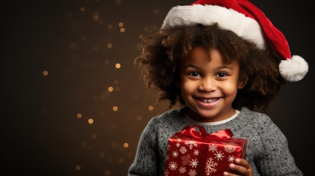 A child in a festive holiday outfit holding a gift