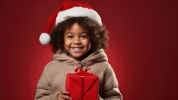 A child in a festive holiday outfit holding a gift