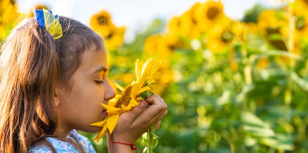 A child in a field of sunflowers Ukraine Selective focus