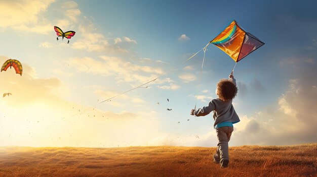 a child flies a kite in a field with the sun behind him