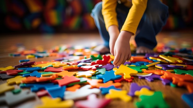 Child on the floor collects colorful puzzles autism spectrum disorder generative ai