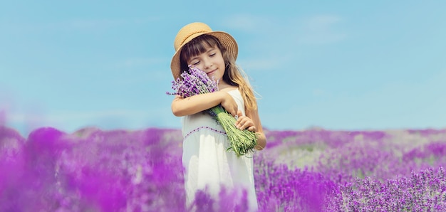 A child in a flowering field of lavender. 