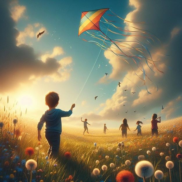 A child flying a kite in a park with other kids playing in the background