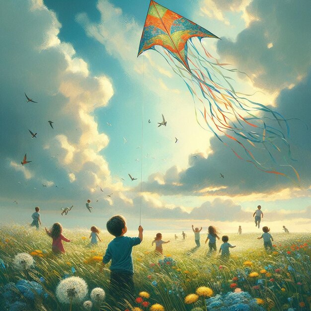 A child flying a kite in a park with other kids playing in the background