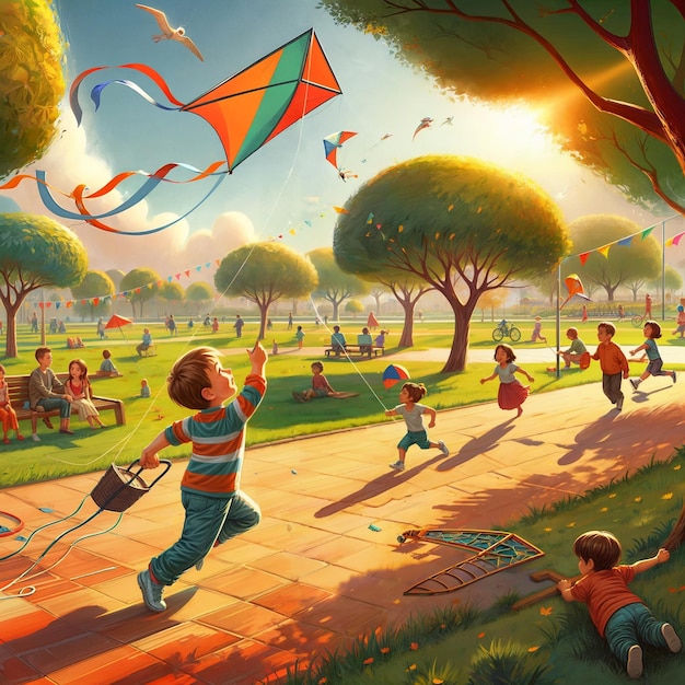 child flying a kite in a park with other kids playing in the background