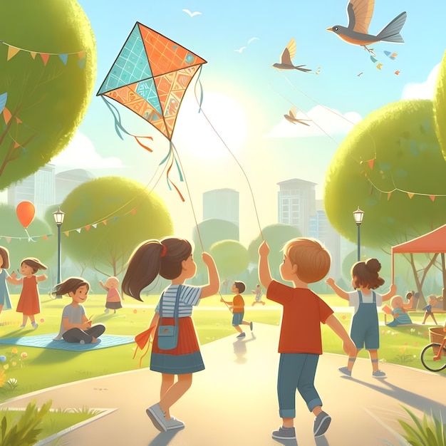 A child flying a kite in a park with other kids