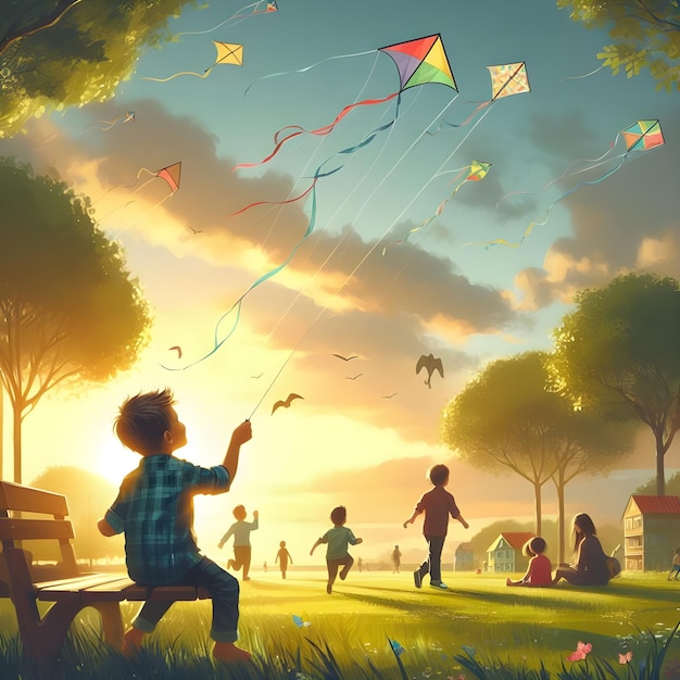 A child flying a kite in a park with other kids