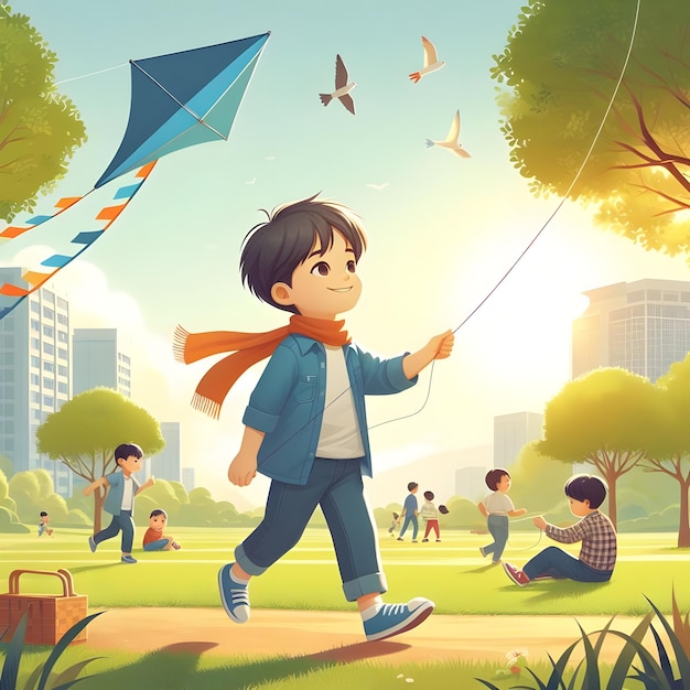 A child flying a kite in a park with other kids