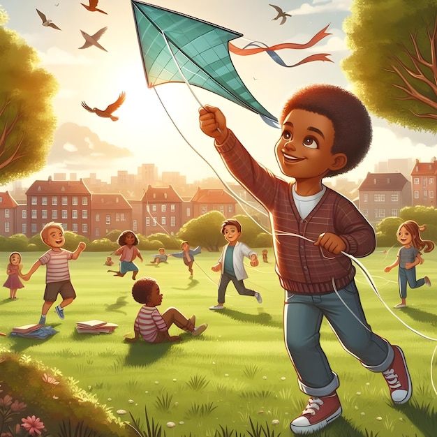 A child flying a kite in a park with other kids