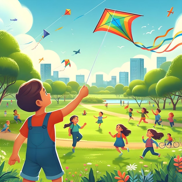 A child flying a kite in a park with other kids