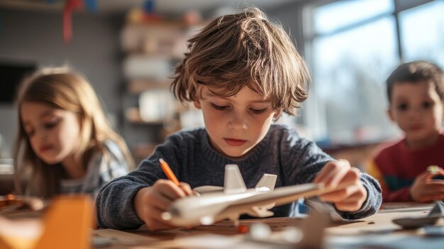 Photo a child focused on crafting a model airplane in a creative classroom environment