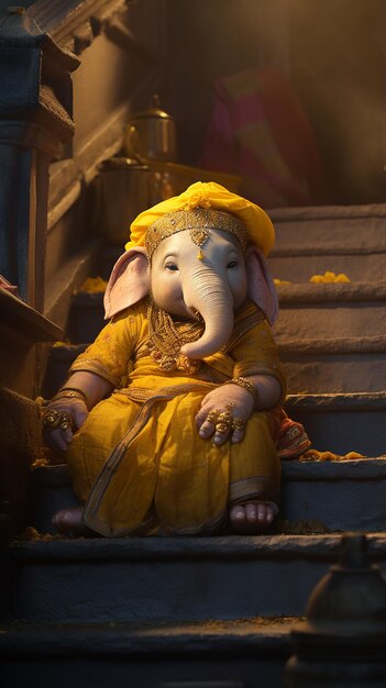 Child form of lord Ganesh sleeping on stairs