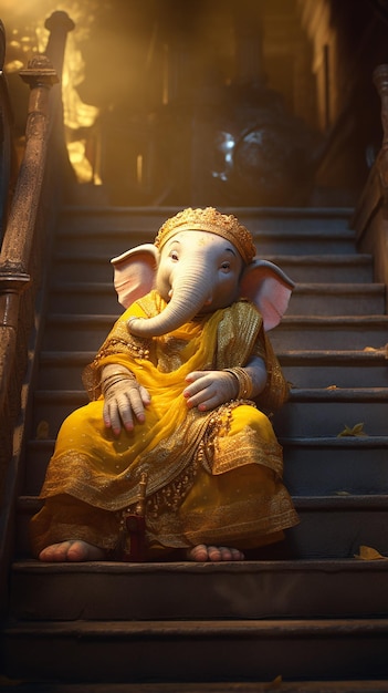 Child form of lord Ganesh sleeping on stairs