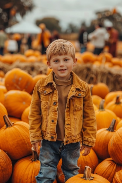 Child gathering pumpkins at halloween pumpkin patch for festive decorations and autumn activities