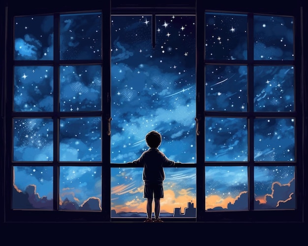 A child gazes at the open window to dream Illustration Generative AI