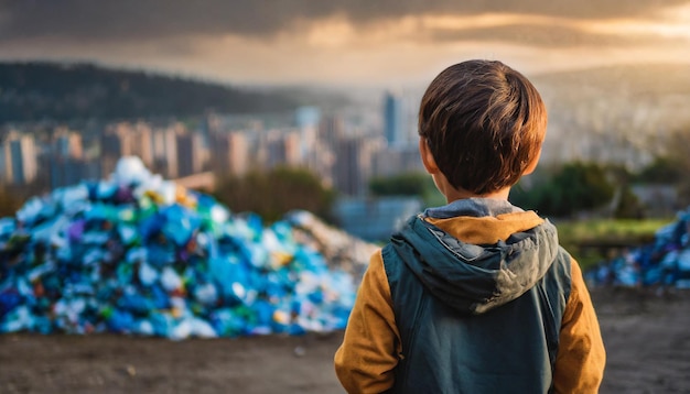 child gazes at a waste dump near the city embodying the environmental impact on innocence and the u