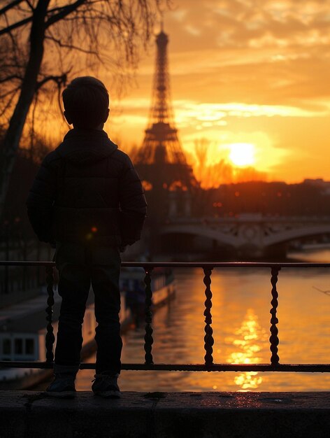 Photo child gazing at eiffel tower during sunset