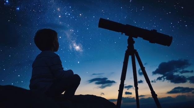 Photo a child gazing at the night sky through a telescope from a rocky vantage point during twilight captivated by the stars above