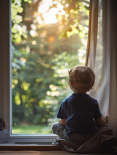 Child Gazing Out the Window at Nature Reflection Curiosity and Childhood Wonder