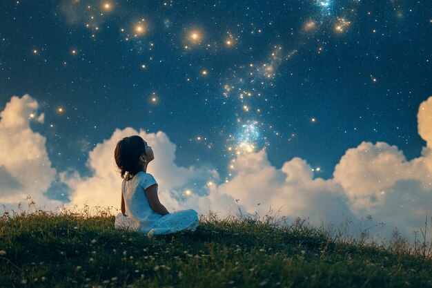 Photo child gazing at starry night sky wonder imagination and dreams