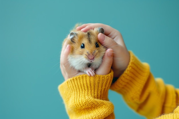 Photo child gently petting a hamster in a studio with a soft blue background cheerful and cozy animal portrait