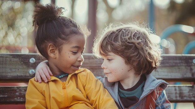 A child gently touching a friends shoulder sitting together on a playground bench