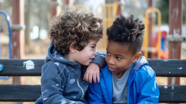 A child gently touching a friends shoulder sitting together on a playground bench