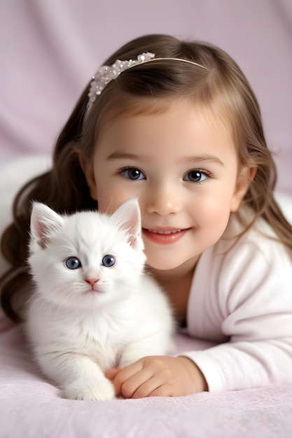 child girl under a blanket with a small white kitten