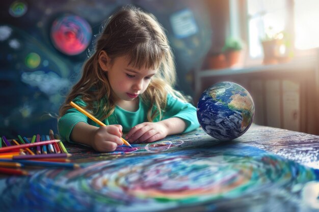 Photo child girl drawing with colorful pencils at home ecology concept painting earth