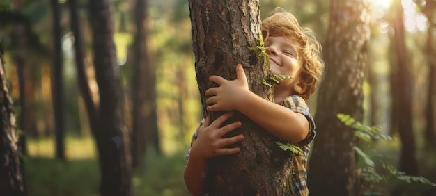 Child girl hugging mature organic textured tree trunk sunny forest park looking smiling love nature