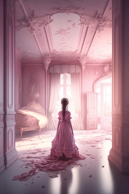 A child girl in a pink dress is standing in a monochrome pink room