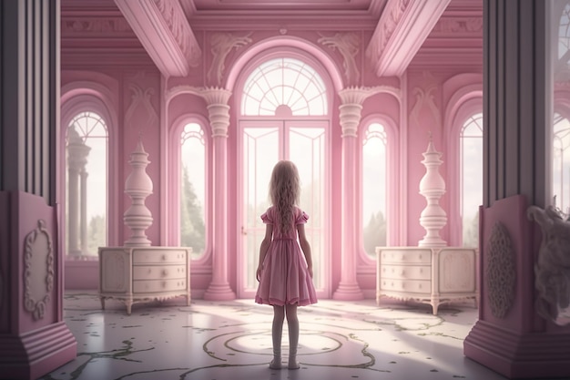 A child girl in a pink dress is standing in a monochrome pink room