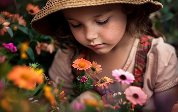 Child girl portrait working and playing in the backyard garden with colorful blooming flowers