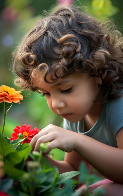 Child girl portrait working and playing in the backyard garden with colorful blooming flowers