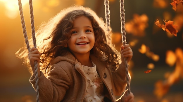 child girl on a swing in sunset fall Little kid playing in the autumn on the nature walk