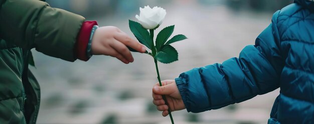 Photo child giving a flower to a passerby spontaneous act of kindness capturing the beauty of everyday int