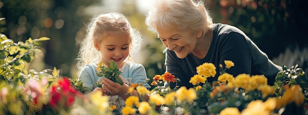 Photo a child and grandmother are looking at flowers