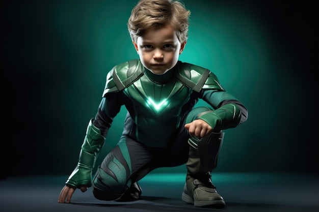 A child in green costume shows confident superhero emotions