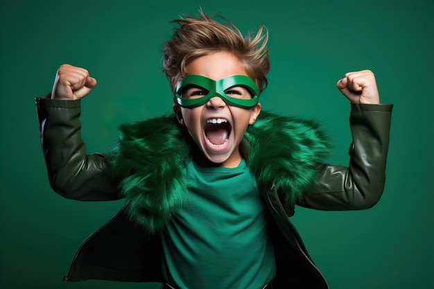 A child in green superhero costume shows exciting joyful emotions