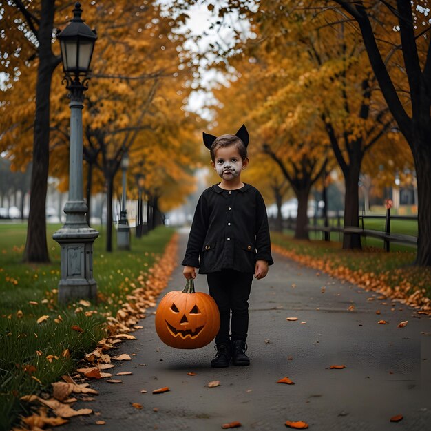 Photo a child in a halloween costume holds a pumpkin