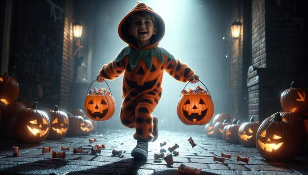 a child in a halloween costume is running on a street with pumpkins full of candy treats