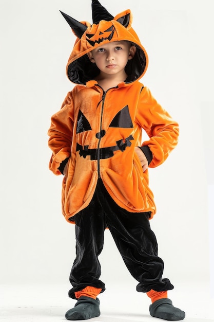 Photo a child in a halloween costume with a pumpkin on the front