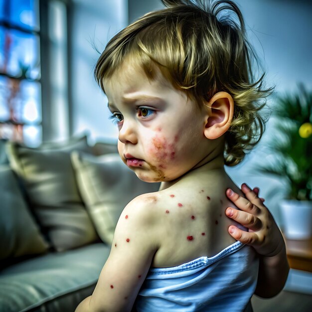 Photo child has chicken pox rash on shoulders and back