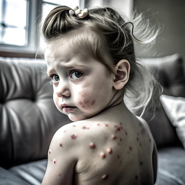 Photo child has chicken pox rash on shoulders and back